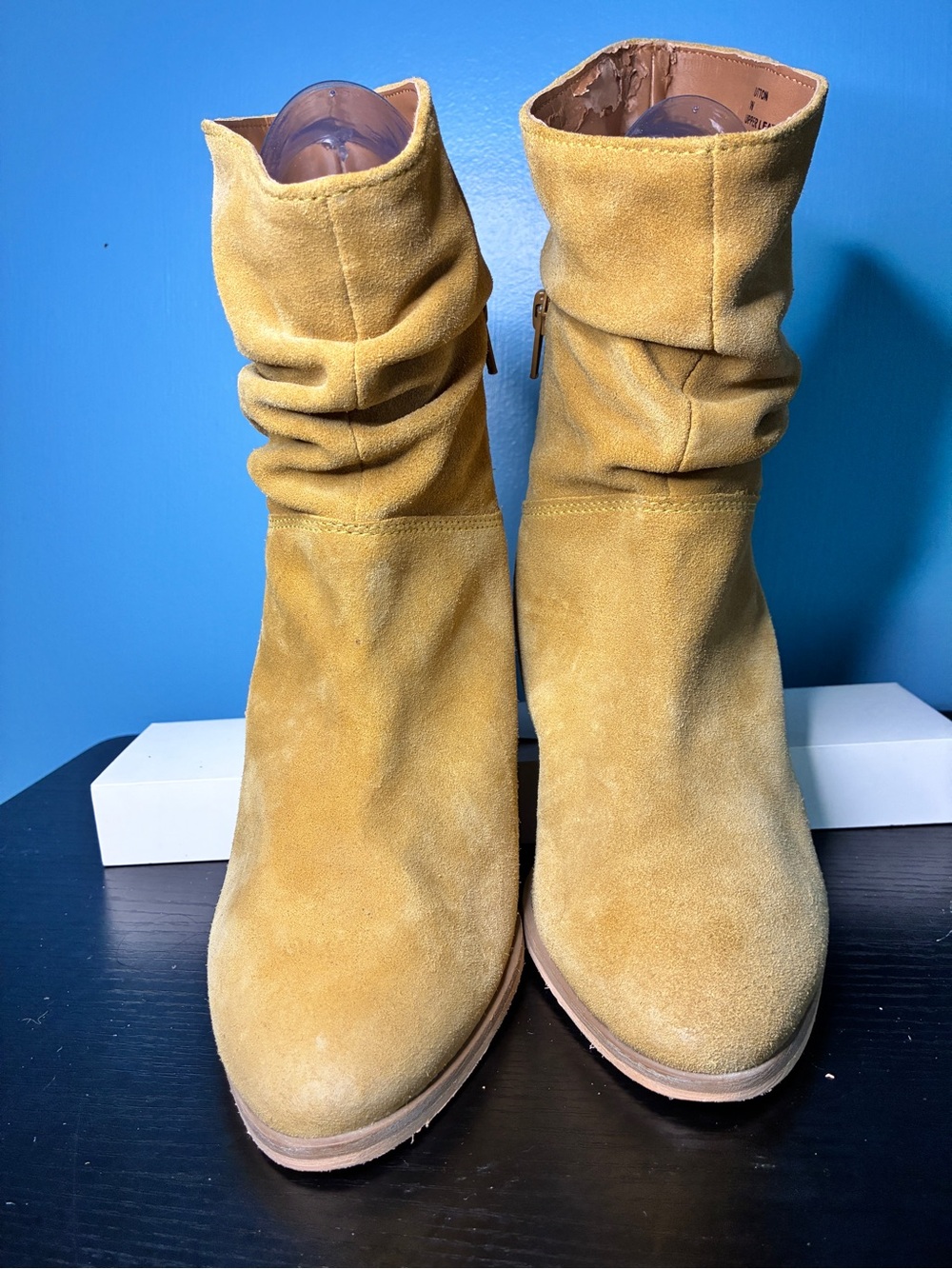 Mustard Suede Slouch Ankle Boots - Women